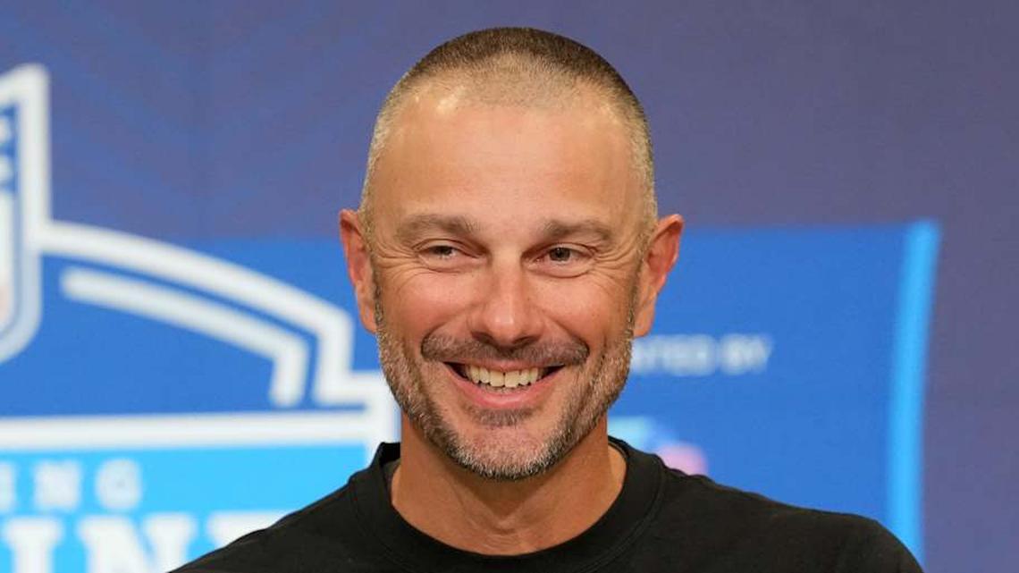  Feb 24, 2026; Indianapolis, IN, USA; Las Vegas Raiders general manager John Spytek speaks at the NFL Scouting Combine at the Indiana Convention Center. Mandatory Credit: Kirby Lee-Imagn Images | Kirby Lee-Imagn Images 