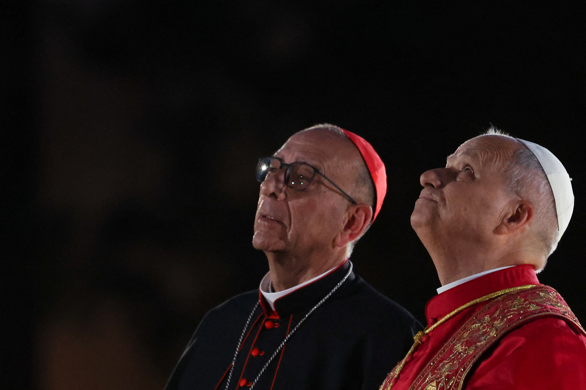 Pope Leo XIV looks up during the blessing and inauguration of the Tower of Jesus Christ at the Basilica of the Sagrada Familia during his apostolic journey in Barcelona, Spain, June 10, 2026. REUTERS/Bruna Casas