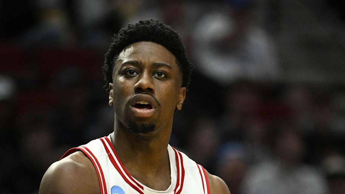 Mar 19, 2026; Portland, OR, USA; Wisconsin Badgers guard John Blackwell (25) reacts during the second half of a first round game of the men's 2026 NCAA Tournament against the High Point Panthers at Moda Center. Mandatory Credit: Troy Wayrynen-Imagn Images | Troy Wayrynen-Imagn Images 