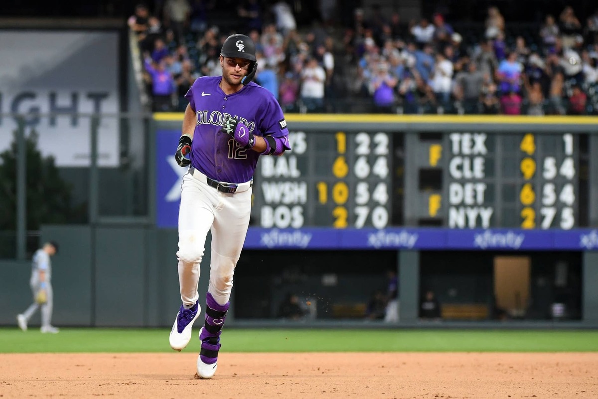  Jul 1, 2026; Denver, Colorado, USA; Colorado Rockies infielder Kyle Karros (12) runs the bases after a home run in the seventh inning against the Miami Marlins at Coors Field. Mandatory Credit: Christopher Hanewinckel-Imagn Images