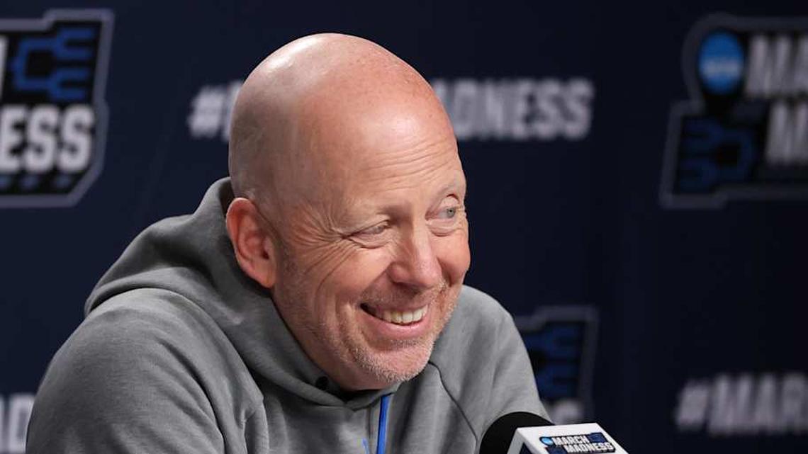  Mar 19, 2026; Philadelphia, PA, USA; UCLA Bruins head coach Mick Cronin speaks with the media before a practice session ahead of the first round of the men's 2026 NCAA Tournament at Xfinity Mobile Arena. Mandatory Credit: Bill Streicher-Imagn Images | Bill Streicher-Imagn Images 