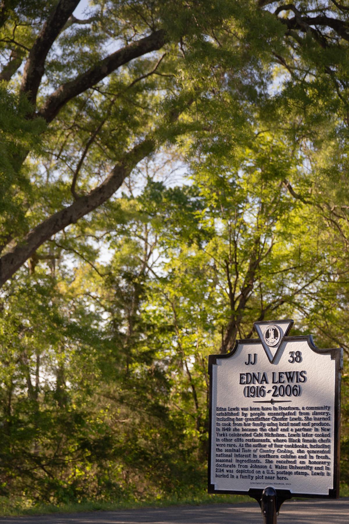 A silver plaque honoring Edna Lewis at the former site of Freetown in Orange County, Va., on April 28, 2026. The Virginia chef and writer's pioneering 'Taste of Country Cooking' continues to inspire. (Hadley Chittum/The New York Times)