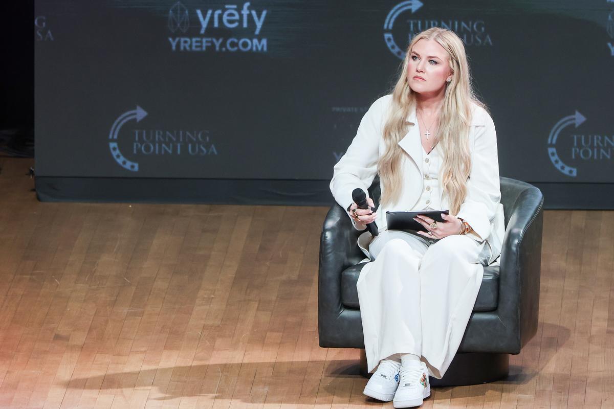  CEO Erika Kirk speaks during a Turning Point USA stop in the Lisner Auditorium at George Washington University on April 2, 2026, in Washington. 