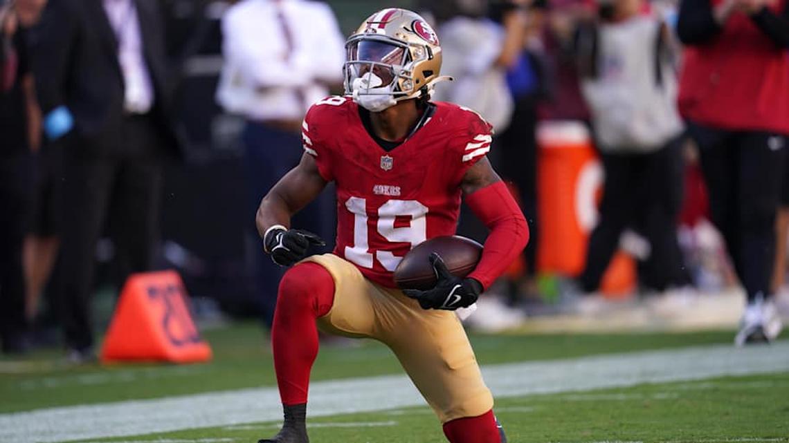  Oct 20, 2024; Santa Clara, California, USA; San Francisco 49ers wide receiver Jacob Cowing (19) reacts after making a catch for a first down against the Kansas City Chiefs in the fourth quarter at Levi's Stadium. Mandatory Credit: Cary Edmondson-Imagn Images | Cary Edmondson-Imagn Images 