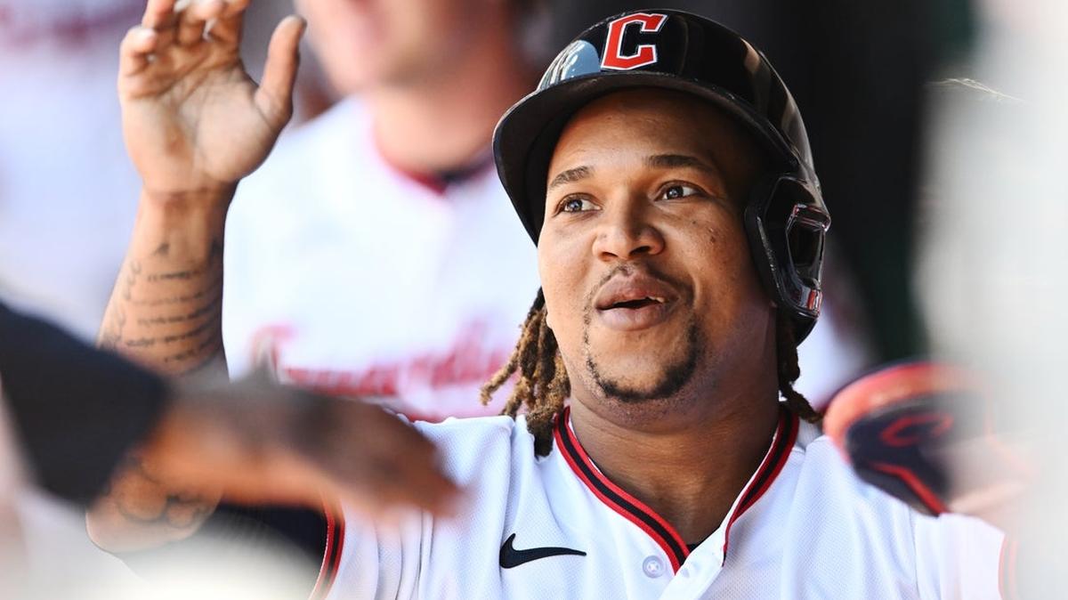 
                 May 31, 2026; Cleveland, Ohio, USA; Cleveland Guardians third baseman Jose Ramirez (11) celebrates after scoring during the fifth inning against the Boston Red Sox at Progressive Field. Mandatory Credit: Ken Blaze-Imagn Images 
              