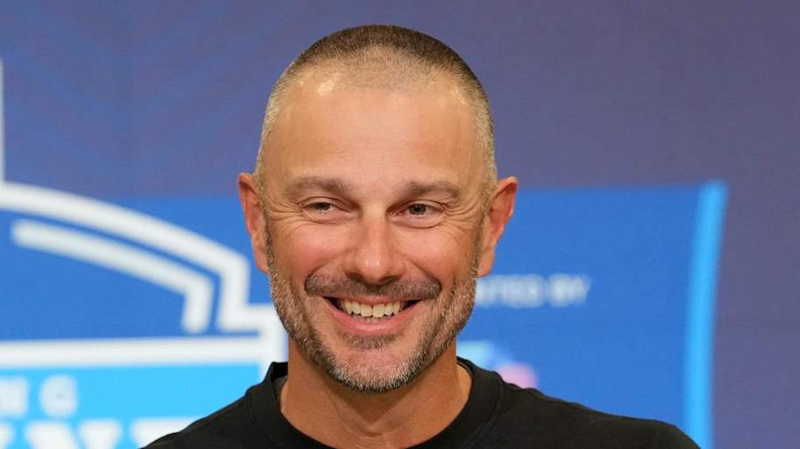  Feb 24, 2026; Indianapolis, IN, USA; Las Vegas Raiders general manager John Spytek speaks at the NFL Scouting Combine at the Indiana Convention Center. Mandatory Credit: Kirby Lee-Imagn Images | Kirby Lee-Imagn Images 