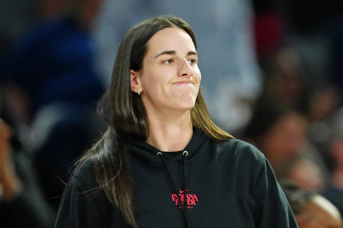  Sep 30, 2025; Las Vegas, Nevada, USA; Indiana Fever guard Caitlin Clark (22) reacts from the bench after a play made by the Las Vegas Aces during the fourth quarter of game five of the second round for the 2025 WNBA Playoffs at Michelob Ultra Arena. Mandatory Credit: Stephen R. Sylvanie-Imagn Images 