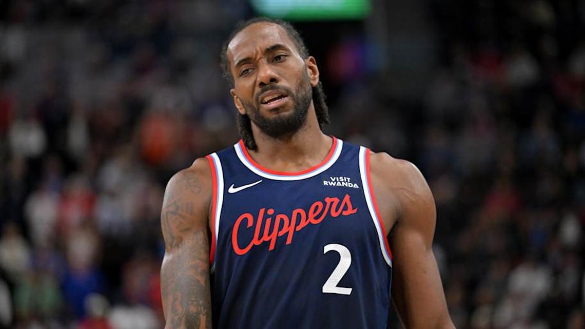  Apr 8, 2026; Inglewood, California, USA; Los Angeles Clippers forward Kawhi Leonard (2) reacts after a missed basket in the second half against the Oklahoma City Thunder at Intuit Dome. | Jayne Kamin-Oncea-Imagn Images 