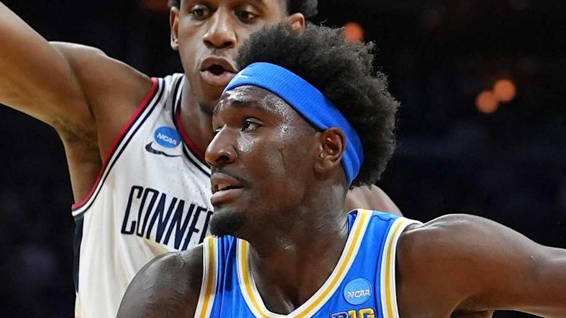  Mar 22, 2026; Philadelphia, PA, USA; UCLA Bruins forward Eric Dailey Jr. (3) dribbles the ball against the UConn Huskies in the first half during a second round game of the men's 2026 NCAA Tournament at Xfinity Mobile Arena. Mandatory Credit: Kyle Ross-Imagn Images | Kyle Ross-Imagn Images 