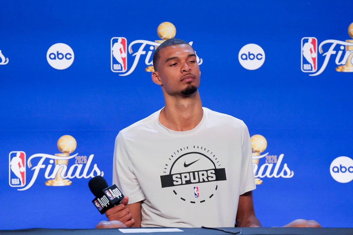  Jun 3, 2026; San Antonio, Texas, USA; San Antonio Spurs forward Victor Wembanyama speaks to the media after game one of the 2026 NBA Finals at Frost Bank Center. Mandatory Credit: Scott Wachter-Imagn Images 