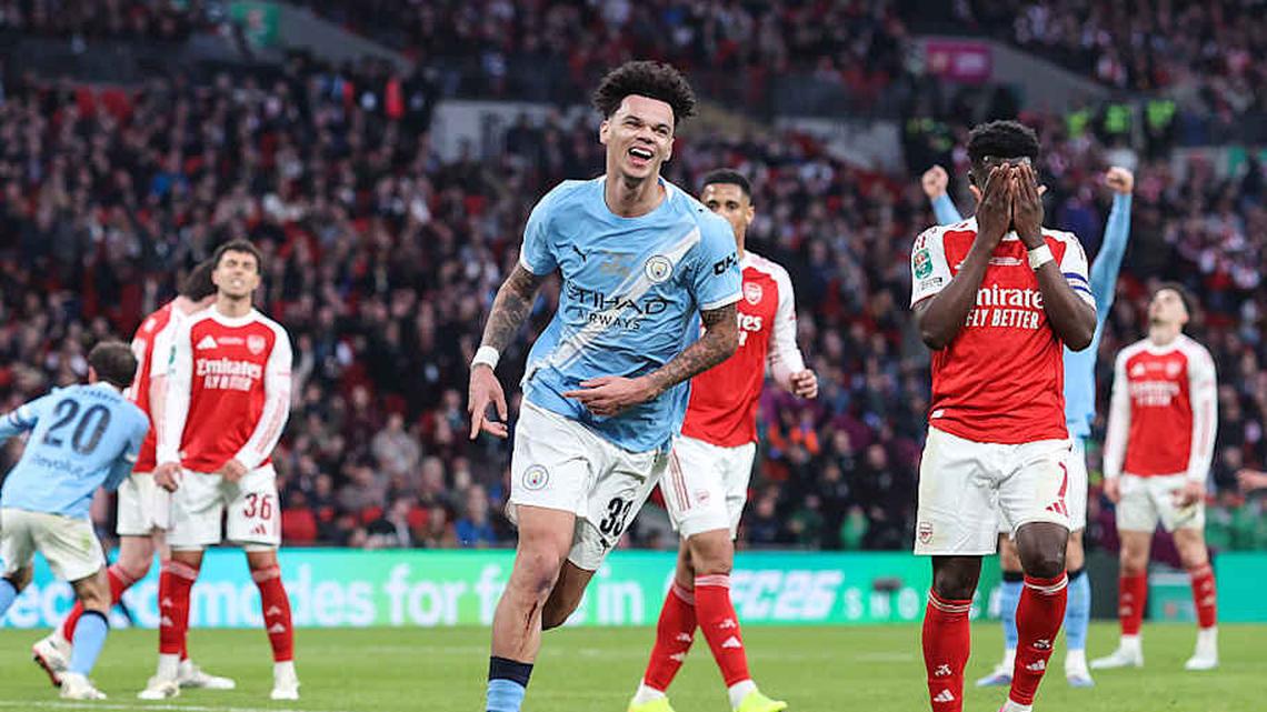  Nico O'Reilly's brace lit up the Carabao Cup final. | Charlotte Wilson/Offside/Offside/Getty Images 