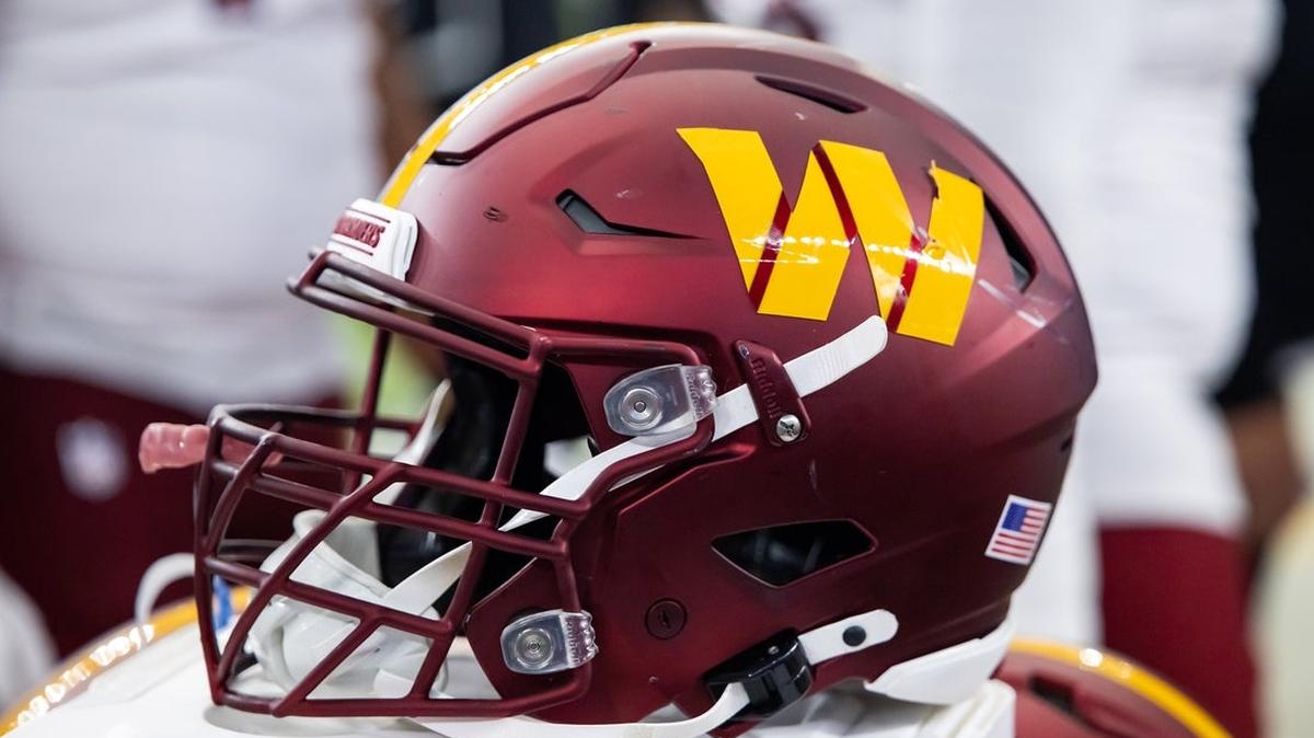 Sep 29, 2024; Glendale, Arizona, USA; Detailed view of a Washington Commanders helmet at State Farm Stadium. Mandatory Credit: Mark J. Rebilas-Imagn Images