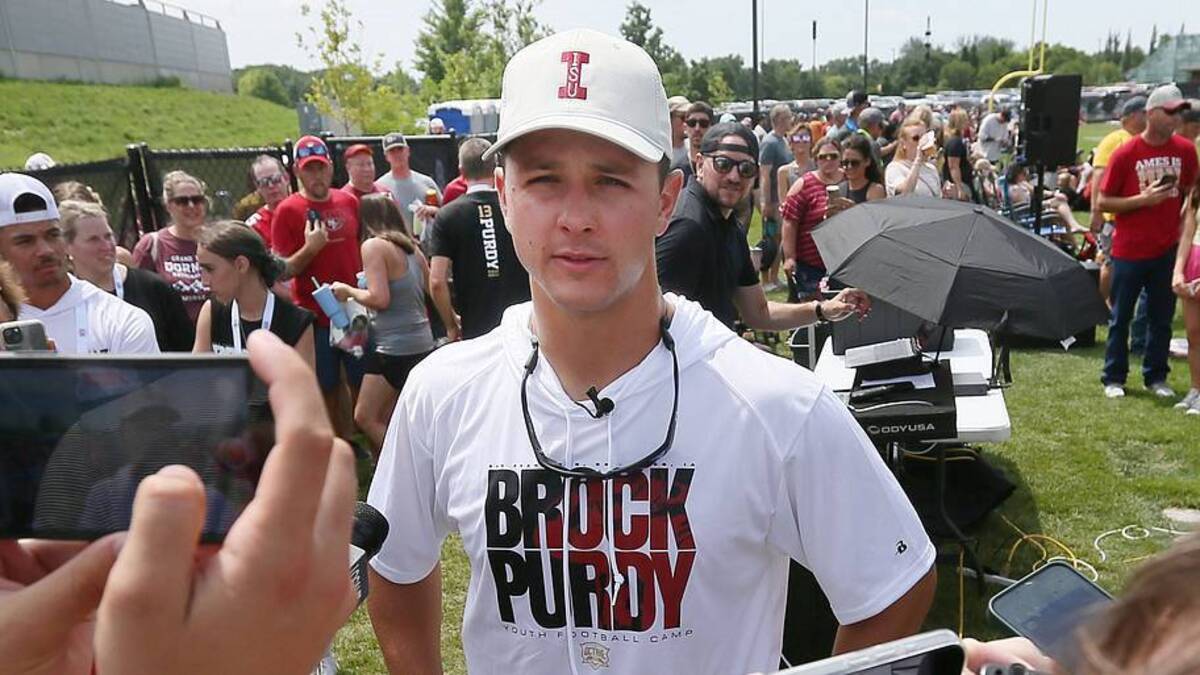  Former Iowa State quarterback and San Francisco 49ers quarterback Brock Purdy talks to media at the Brock Purdy Youth Football camp at Jack Trice Stadium football practice field on Saturday, June 22, 2024, in Ames, Iowa | USA TODAY Network via Reuters Connect 