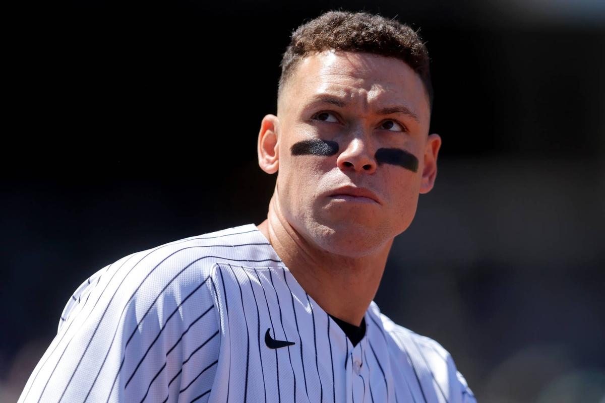  New York Yankees designated hitter Aaron Judge (99) looks out from the dugout during a game against the Texas Rangers at Yankee Stadium in the Bronx, N.Y., on May 7, 2026. Brad Penner-Imagn Images