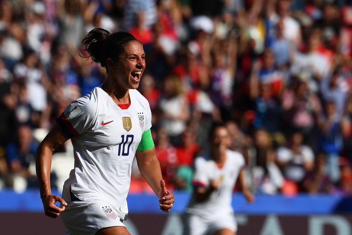  United States' forward Carli Lloyd celebrates after scoring a goal during the France 2019 Women's World Cup Group F football match between USA and Chile, on June 16, 2019, at the Parc des Princes stadium in Paris. (Photo by FRANCK FIFE / AFP / Getty Images) 