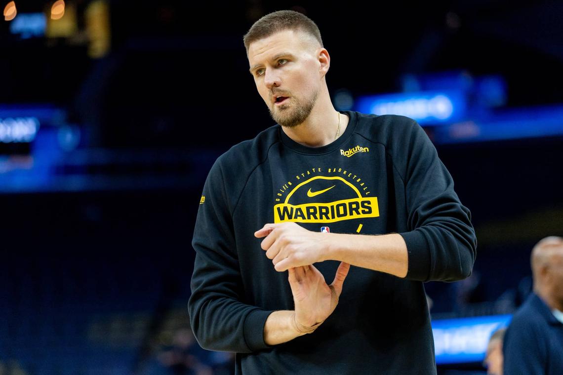  Golden State Warriors center Kristaps Porzingis (7) warms up before the game at Chase Center. Bob Kupbens-Imagn Images