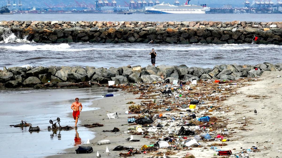 Trash sits on the northern most part the beach near the mouth of the San Gabriel River in Seal Beach, Calif., in August, 2023. (Jeff Gritchen/The Orange County Register/TNS)