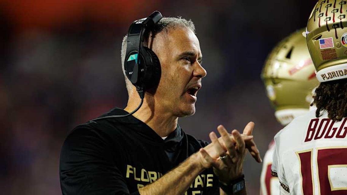  Nov 29, 2025; Gainesville, Florida, USA; Florida State Seminoles head coach Mike Norvell gestures against the Florida Gators during the second half at Ben Hill Griffin Stadium. Mandatory Credit: Matt Pendleton-Imagn Images | Matt Pendleton-Imagn Images 