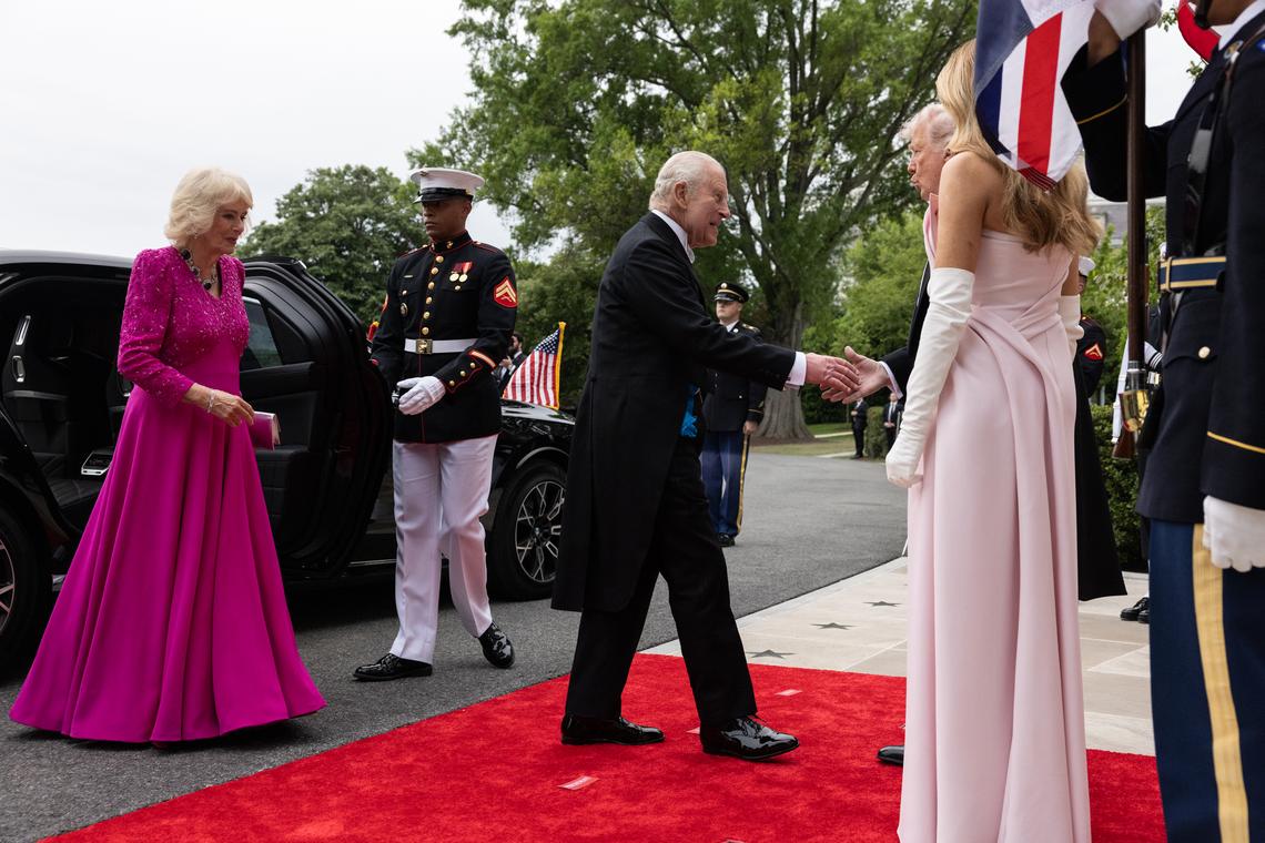 President Donald Trump and first lady Melania Trump, right, greet King Charles III and Queen Camilla of the United Kingdom as they arrive for a state dinner at the White House in Washington, on Tuesday, April 28, 2026. (Anna Rose Layden/The New York Times)