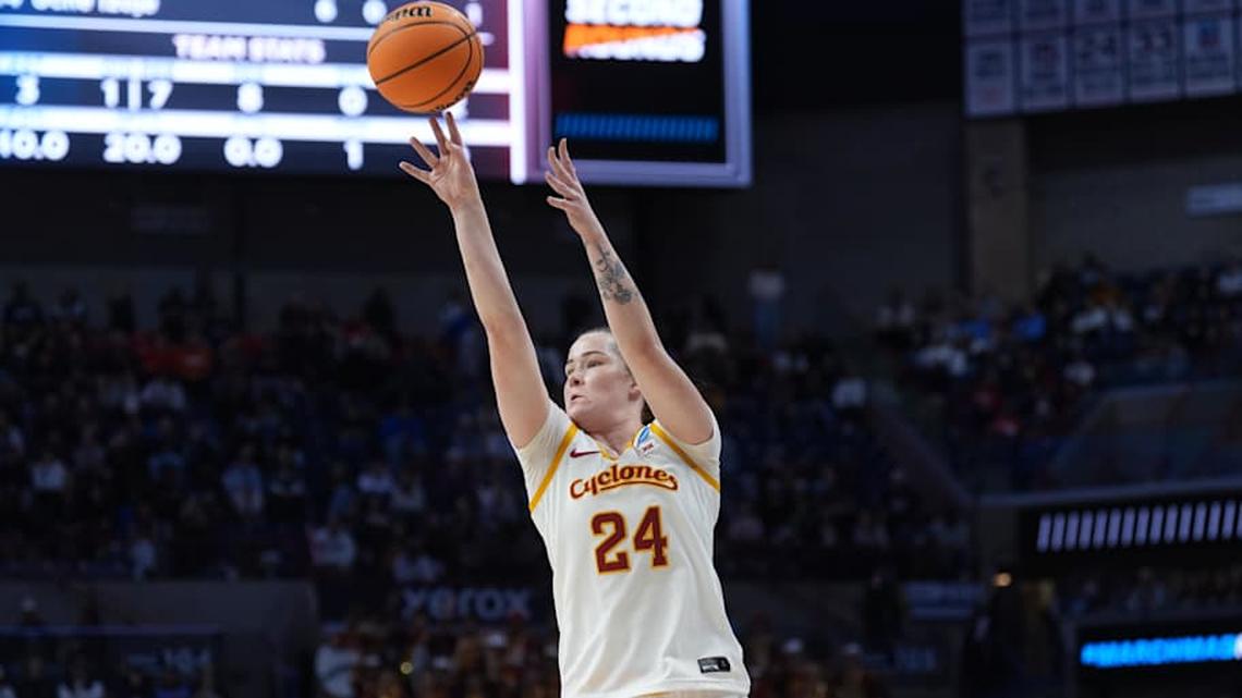  Mar 21, 2026; Storrs, CT, USA; Iowa State Cyclones forward Addy Brown (24) shoots the ball against the Syracuse Orange in the first half at Harry A. Gampel Pavilion. Mandatory Credit: David Butler II-Imagn Images | David Butler II-Imagn Images 