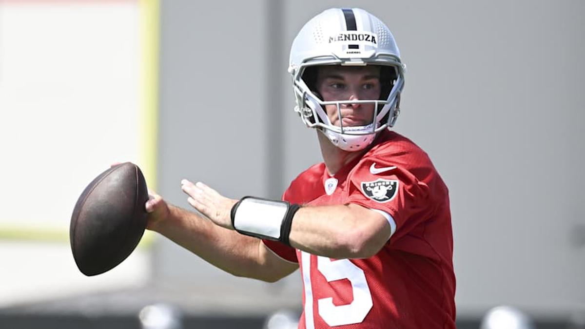  May 2, 2026; Henderson, NV, USA; Las Vegas Raiders quarterback Fernando Mendoza (15) runs through a drill during a Rookie Minicamp at Intermountain Health Performance Center. Mandatory Credit: Candice Ward-Imagn Images | Candice Ward-Imagn Images 