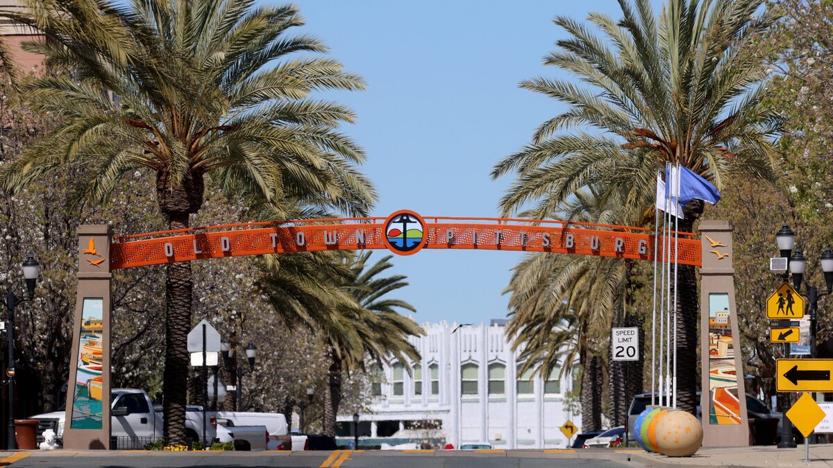 The Old Town Pittsburg arch in downtown Pittsburg, Calif., on Thursday, April 3, 2025. (Jane Tyska/Bay Area News Group)