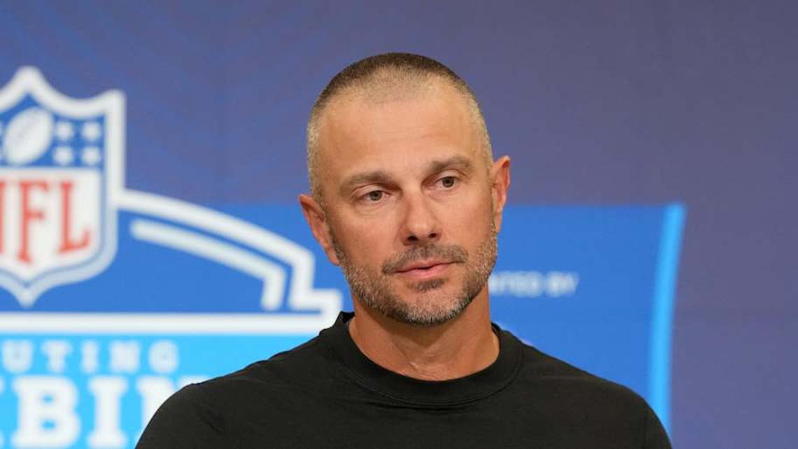  Feb 24, 2026; Indianapolis, IN, USA; Las Vegas Raiders general manager John Spytek speaks at the NFL Scouting Combine at the Indiana Convention Center. Mandatory Credit: Kirby Lee-Imagn Images | Kirby Lee-Imagn Images 