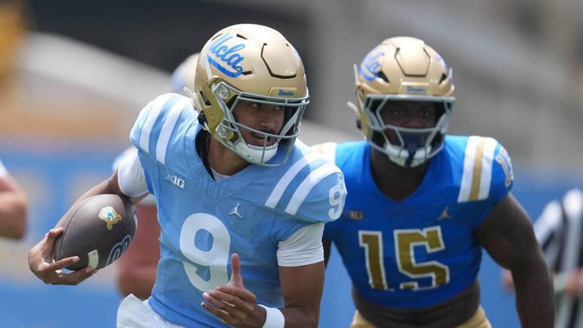  May 2, 2026; Pasadena, CA, USA; UCLA Bruins quarterback Nico Iamaleava (9) carries the ball during the spring game at Rose Bowl. Mandatory Credit: Kirby Lee-Imagn Images | Kirby Lee-Imagn Images 