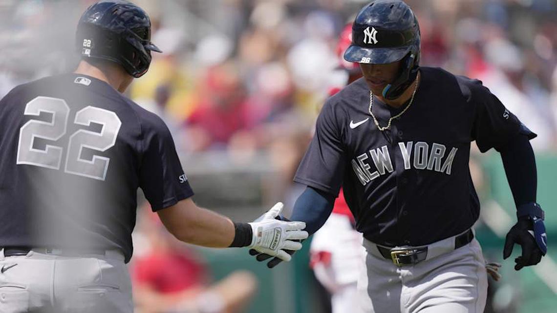  New York Yankees shortstop George Lombard Jr. (96) celebrates a home run in the first inning against the Boston Red Sox with teammate Ben Rice (22) at JetBlue Park at Fenway South. | Jim Rassol-Imagn Images 