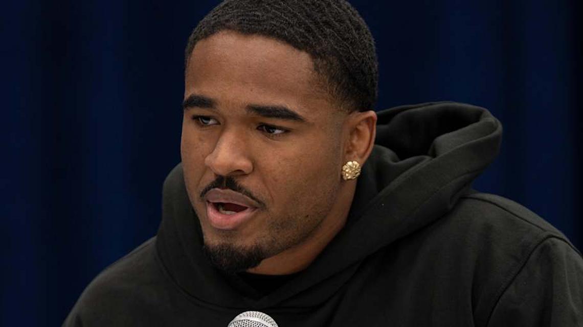  Feb 26, 2026; Indianapolis, IN, USA; Southern California defensive back Kamari Ramsey (DB45) speaks to members of the media during the NFL Combine at the Indiana Convention Center. Mandatory Credit: Jacob Musselman-Imagn Images | Jacob Musselman-Imagn Images 