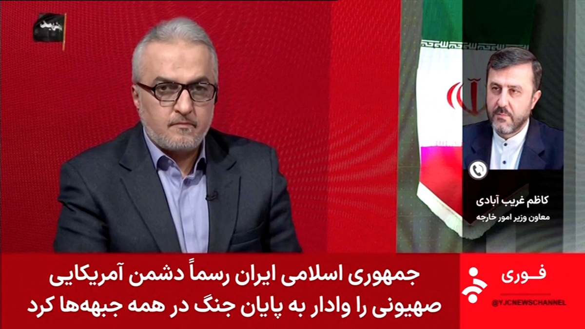 Iran's Deputy Foreign Minister Kazem Gharibabadi speaks during an audio interview on state TV about a deal between the U.S. and Iran to end their war, June 15, 2026, in this still image taken from video.    IRINN/Handout via REUTERS