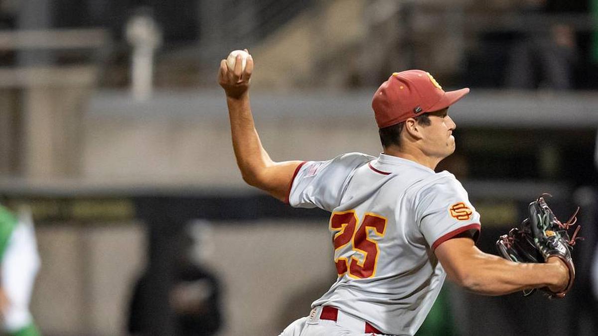  USC pitcher Sax Matson throws a pitch as the Oregon Ducks host the USC Trojans on May 14, 2026, in Eugene, Oregon. | Ben Lonergan/The Register-Guard / USA TODAY NETWORK via Imagn Images 