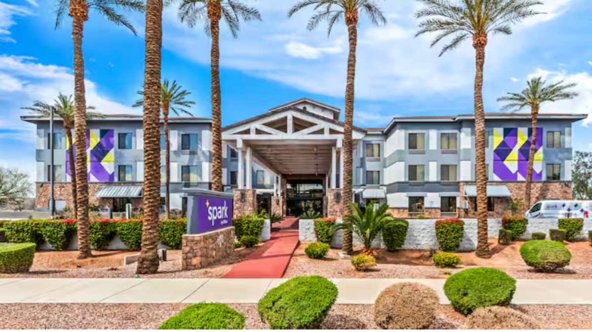  The inviting entrance to the Spark by  Hilton  Phoenix East Mesa in Arizona. Photo courtesy of Spark by  Hilton 