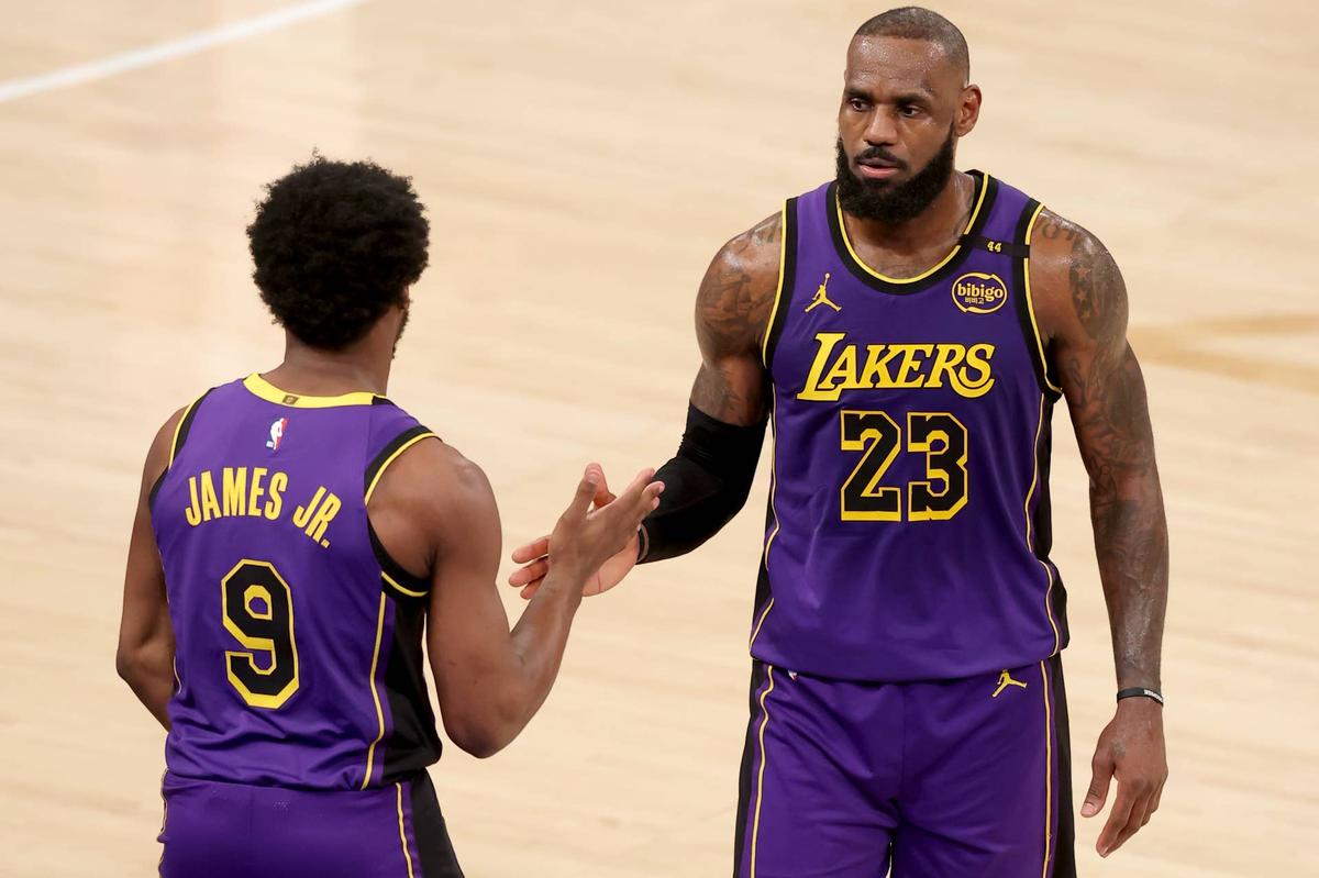  Los Angeles Lakers guard Bronny James checks in for forward LeBron James at Madison Square Garden. Brad Penner-Imagn Images