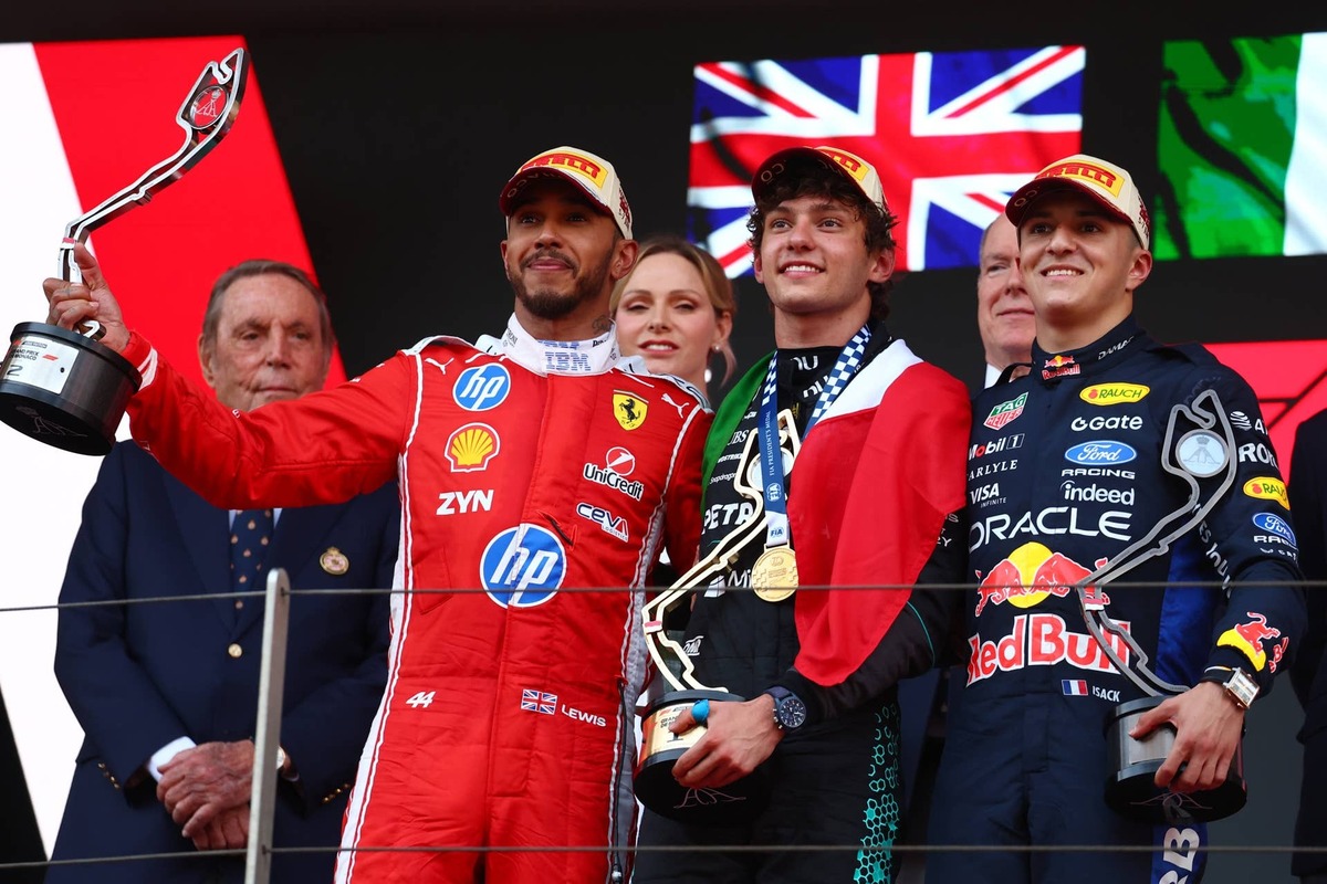  Kimi Antonelli, Lewis Hamilton, and Isack Hadjar on the podium at the 2026 F1 Grand Prix of Monaco. Photo by Joe Portlock/Getty Images