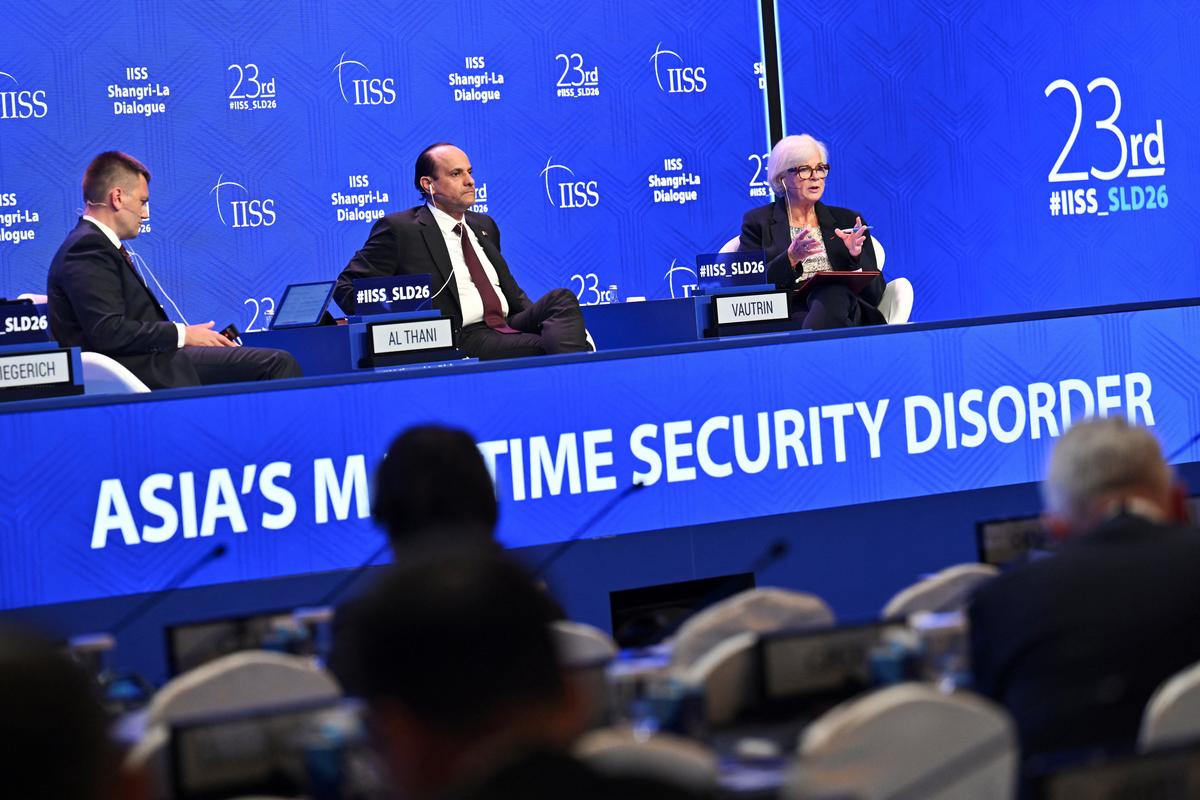 Catherine Vautrin, French Minister for the Armed Forces and Veterans, speaks at the IISS Shangri-La Dialogue security summit in Singapore, May 30, 2026. REUTERS/Caroline Chia
