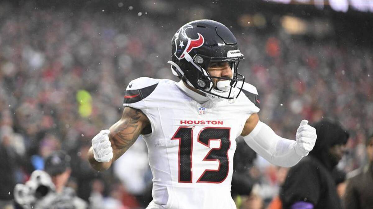  Jan 18, 2026; Foxborough, MA, USA; Houston Texans wide receiver Christian Kirk (13) celebrates a touchdown in the second quarter against the New England Patriots in an AFC Divisional Round game at Gillette Stadium. | Brian Fluharty-Imagn Images 