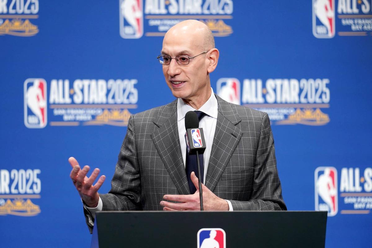  NBA commissioner Adam Silver speaks in a press conference during All Star Saturday Night ahead of the 2025 NBA All Star Game at Chase Center. © Cary Edmondson-Imagn Images