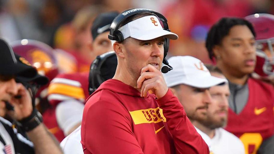  Nov 16, 2024; Los Angeles, California, USA; Southern California Trojans head coach Lincoln Riley watches game action against the Nebraska Cornhuskers during the second half at the Los Angeles Memorial Coliseum. Mandatory Credit: Gary A. Vasquez-Imagn Images | Gary A. Vasquez-Imagn Images 