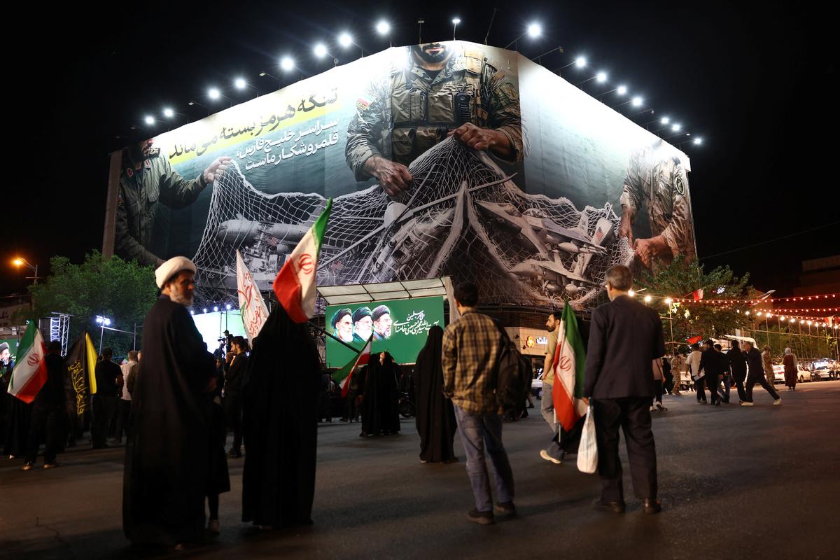 A billboard with a graphic design about the Strait of Hormuz on a building in Tehran, Iran, May 6, 2026. Majid Asgaripour/WANA (West Asia News Agency) via REUTERS