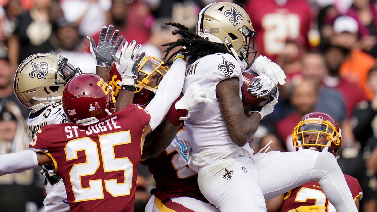New Orleans Saints wide receiver Marquez Callaway (1) catches a Hail Mary pass for a touchdown in the first half of an NFL football game against the Washington Football Team, Sunday, Oct. 10, 2021, in Landover, Md. (AP Photo/Julio Cortez)