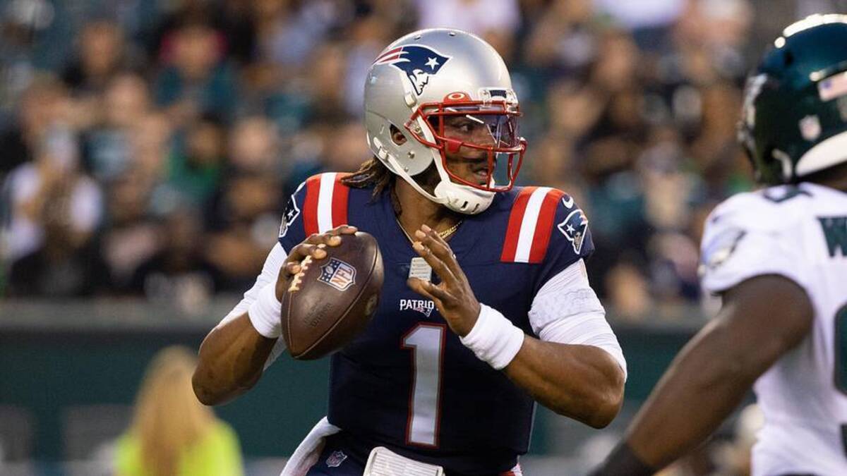  Aug 19, 2021; Philadelphia, Pennsylvania, USA; New England Patriots quarterback Cam Newton (1) drops back to pass against the Philadelphia Eagles during the first quarter at Lincoln Financial Field. Mandatory Credit: Bill Streicher-Imagn Images | Bill Streicher-Imagn Images 