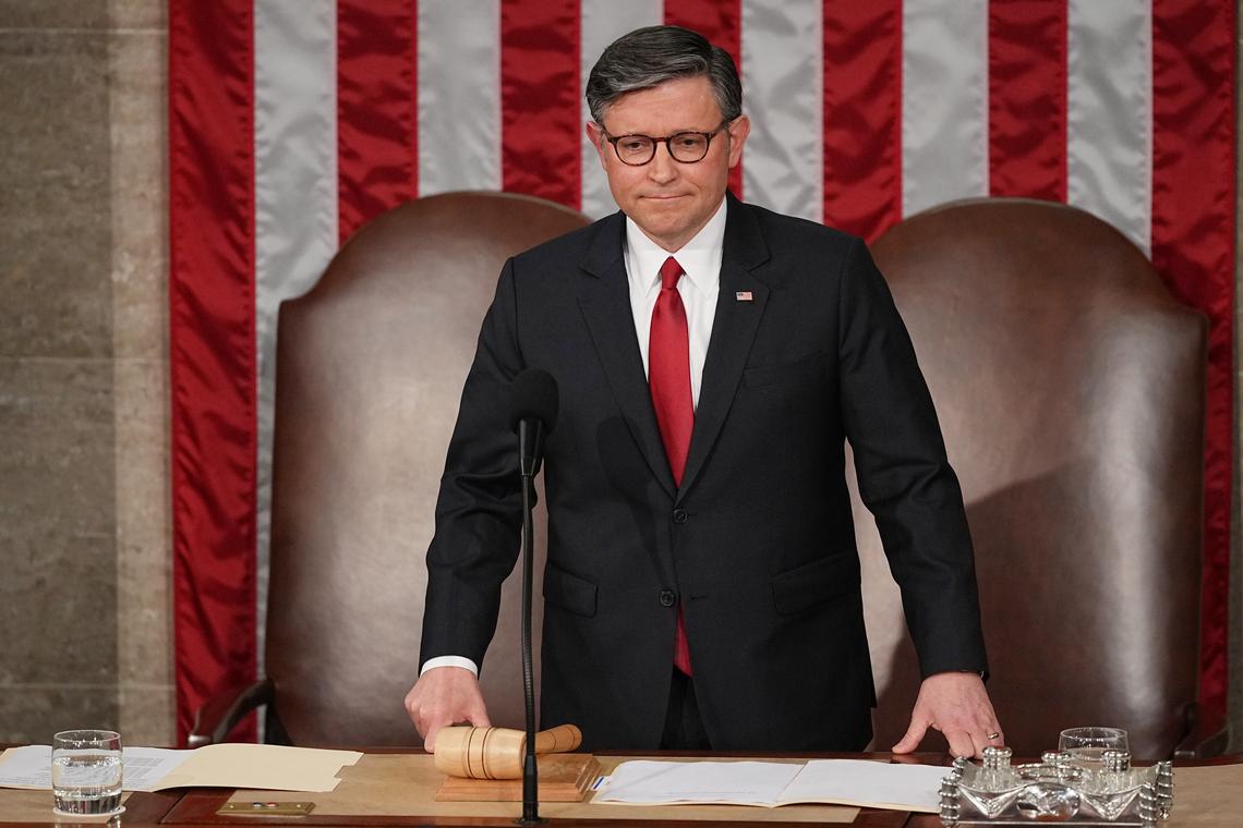  House Speaker Mike Johnson watches before Britain’s King Charles III arrives to speak to a joint meeting of Congress in the House Chamber at the U.S. Capitol, Tuesday, April 28, 2026, in Washington. 