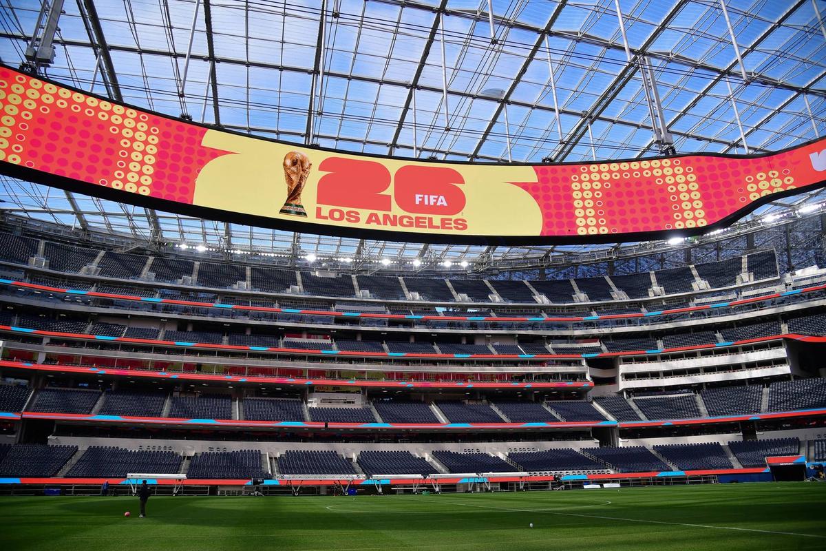  World Cup signage is displayed at SoFi Stadium in Inglewood, California, on March 13, 2026. Gary A. Vasquez-Imagn Images