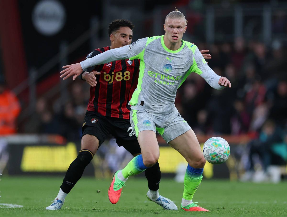  Erling Haaland of Manchester City controls the ball while under pressure from James Hill of AFC Bournemouth during the Premier League match between Bournemouth and Manchester City at Vitality Stadium on May 19, 2026 in Bournemouth, England. (Photo by Eddie Keogh/Getty Images) Photo by Eddie Keogh/Getty Images