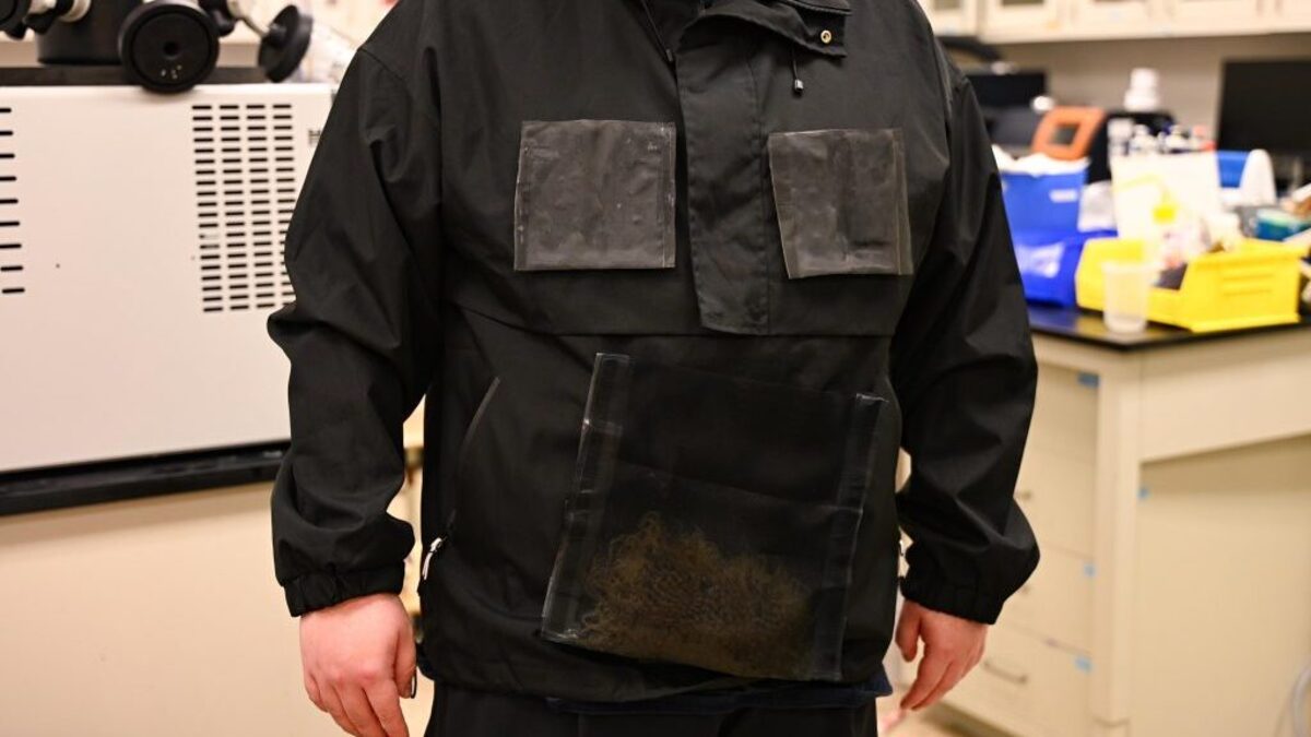 The detachable harvesting units in the jacket are placed in a foldable collector piece and heated to produce the water. (The University of Texas at Austin via SWNS). 