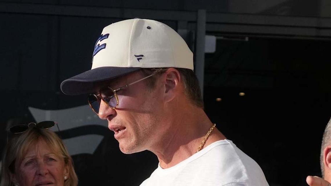  Mar 21, 2026; Los Angeles, CA, USA; Founders FFC quarterback Tom Brady (12) talks with fans during the Fanatics Flag Football Classic at BMO stadium. Mandatory Credit: Kirby Lee-Imagn Images | Kirby Lee-Imagn Images 