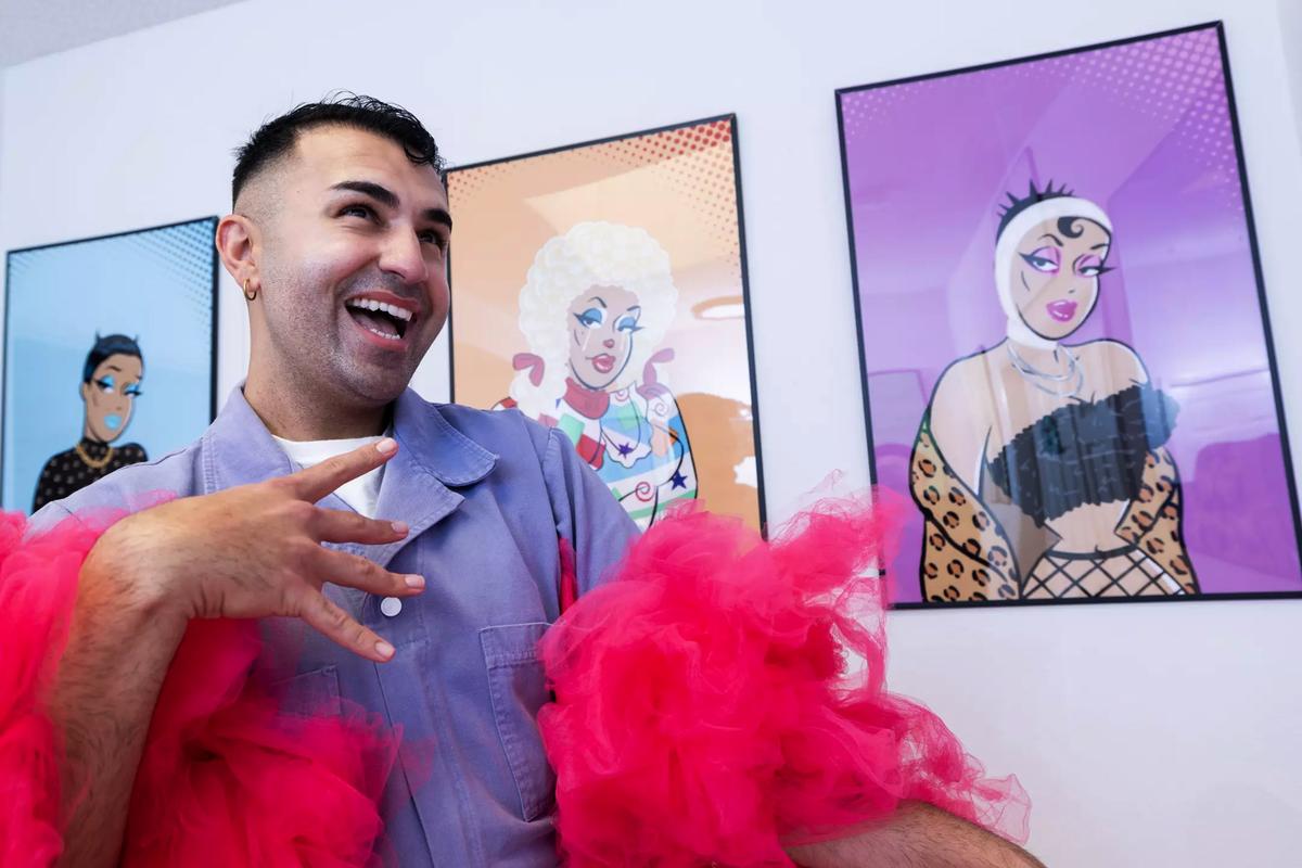 Shahniani’s drag alter ego ’Naynay is celebrated in illustrations by artist Brittney Sides, hanging in his hallway.