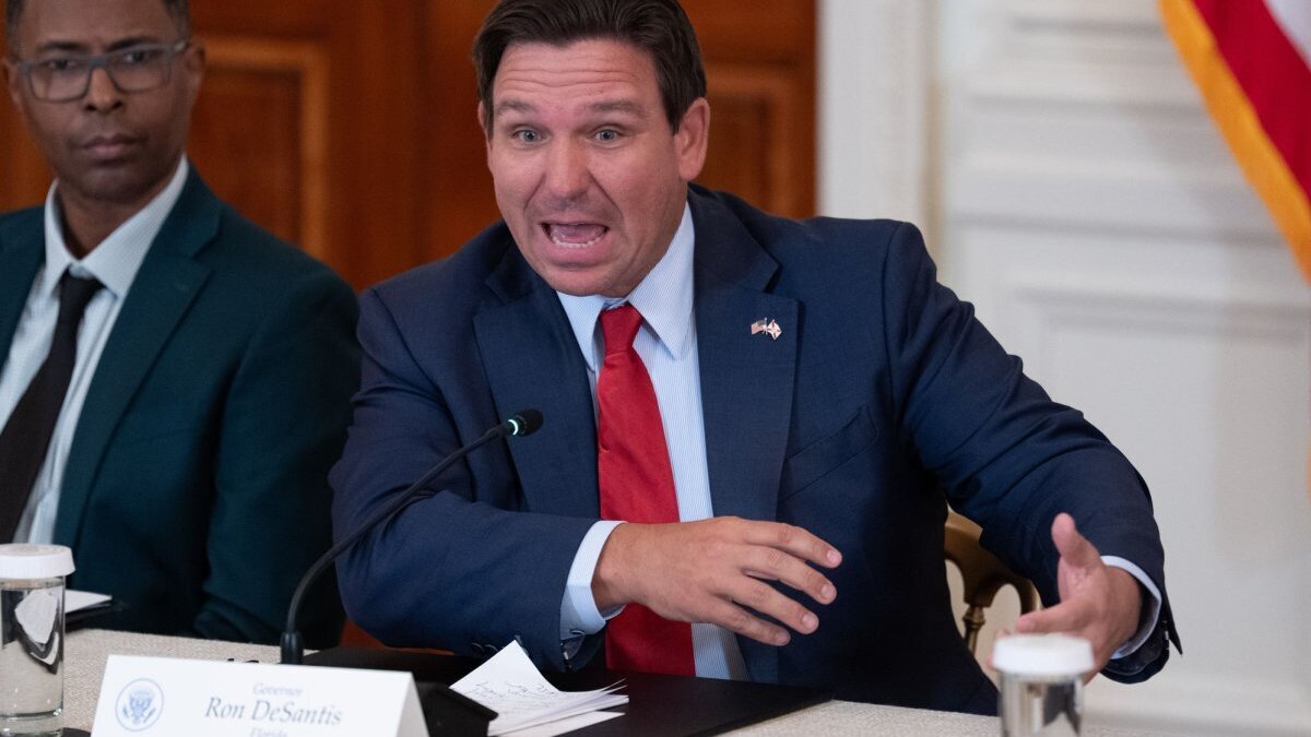 Gov. Ron DeSantis of Florida speaks during a roundtable event in March in the East Room of the White House in Washington, D.C. On Tuesday, a U.S. Court of Appeals ruled that the De-Santis-championed Stop WOKE Act violates free speech. File Photo by Aaron Schwartz/UPI