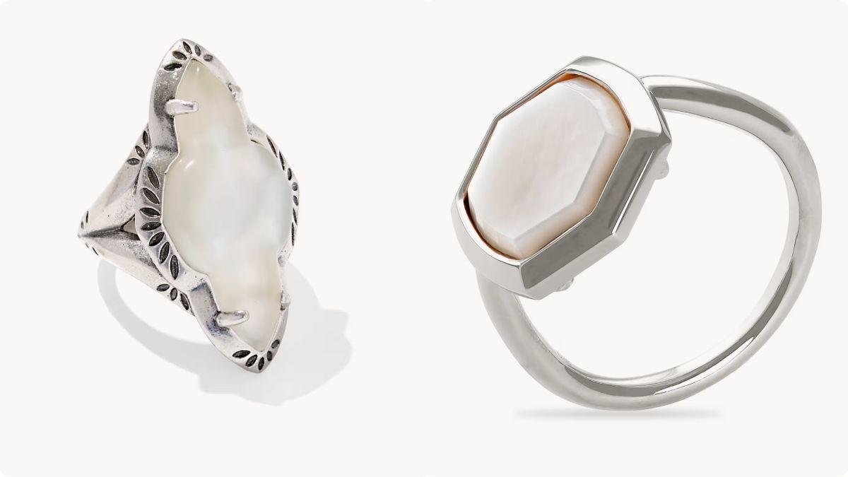 Left: Abbie Vintage Silver Etch Frame Cocktail; Right: Davis Sterling Silver Cocktail Ring in Ivory Mother-of-PearlKendra Scott